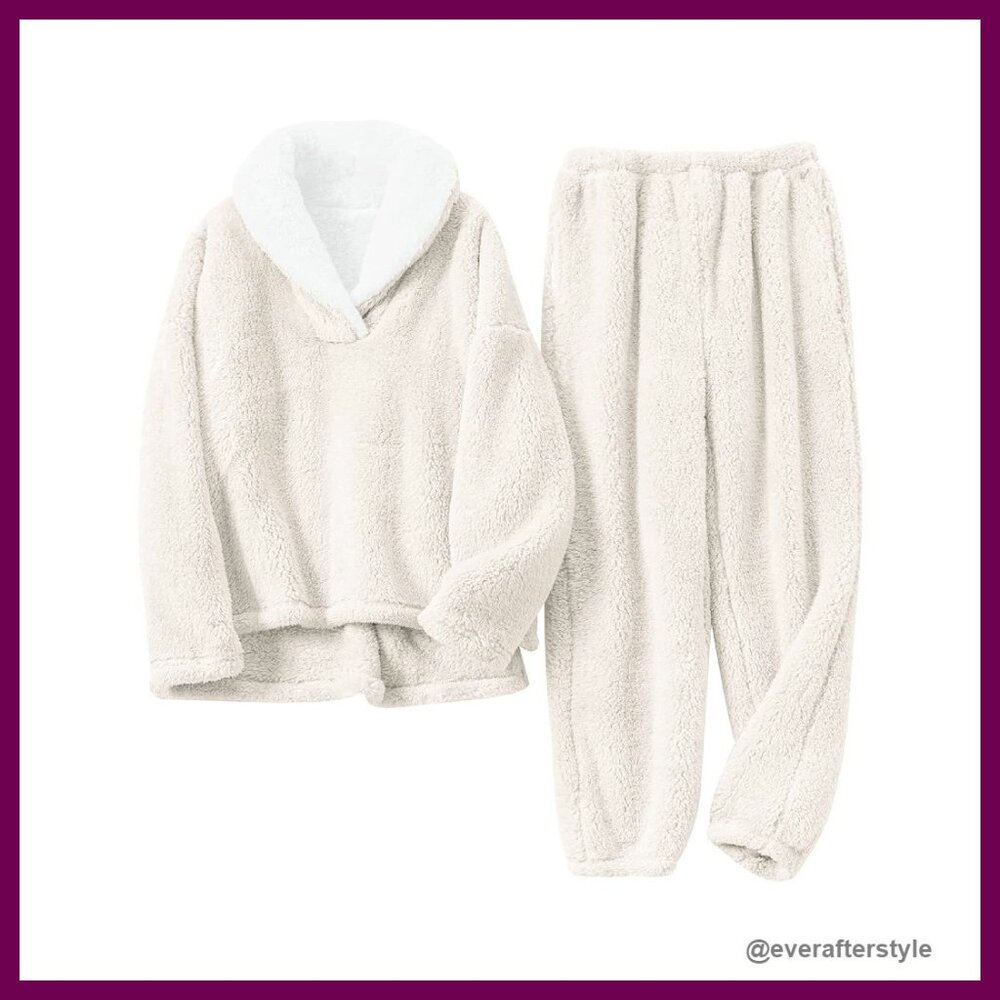 Fluffy Sherpa Fleece Pajama Set Cozy Oversized Loungewear Winter Sleepwear